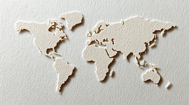 World map made of white paper representing global connections and geography.