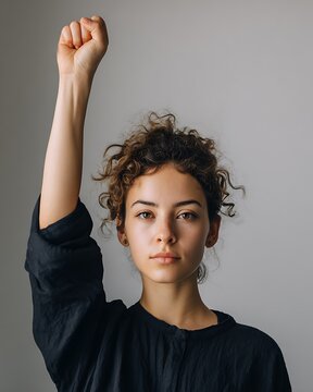 Young Woman with Determined Expression Raising Her Fist in a Gesture of Empowerment and Solidarity.