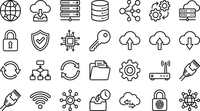 Cloud Infrastructure and Cybersecurity Outline Icon Set for Network, Server and Data Management Collection