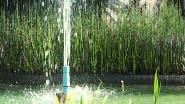 Water fountain jet spraying upward in a pond with green horsetail reed bamboo plants background, representing garden design, zen atmosphere, nature freshness, and aeration system.