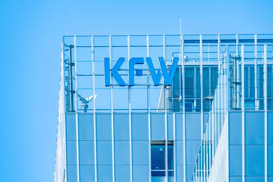 KfW development bank logo, Financial institution supporting economic, financing solutions infrastructure, SME financing infrastructure, innovation funding, corporate headquarters FRANKFURT, GERMANY