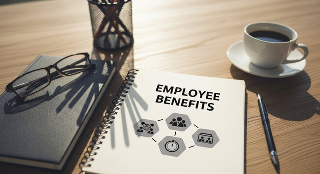 Professional corporate office desk with employee benefits notebook and coffee