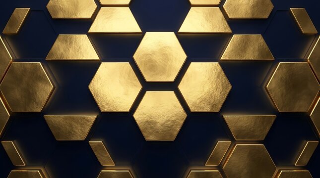 Golden hexagon geometric pattern on dark blue background, luxury 3D metallic honeycomb texture, elegant abstract gold tile mosaic for premium branding