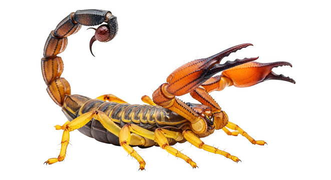 Scorpion perched ready to strike showing venomous tail and claws dangerous arachnid desert wildlife predator venomous sting arthropod insectoid creepy crawly nature.
