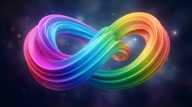Colorful infinity symbol loop shape with bright rainbow gradient reflection on water