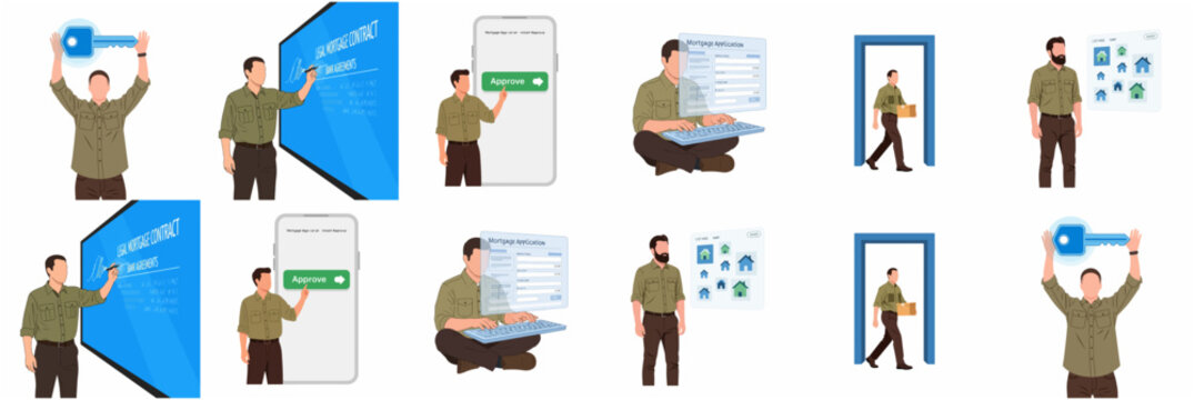 Flat illustration set of man navigating the digital mortgage application process, house searching, signing bank agreements, and moving into a new home.