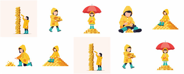 Fototapeta premium Cute girl in yellow raincoat playing with gold bars, financial growth and wealth management concept illustration set
