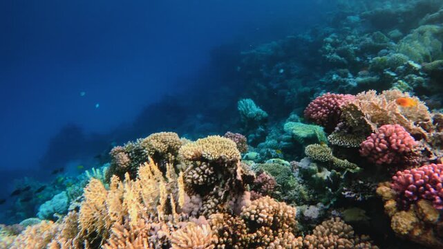 Panoramic shot of colorful coral reef ridge and many tropical fish in Ras Muhammad