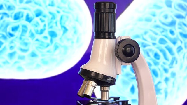 A laboratory microscope stands before a magnified E coli bacteria background symbolizing microbiology research