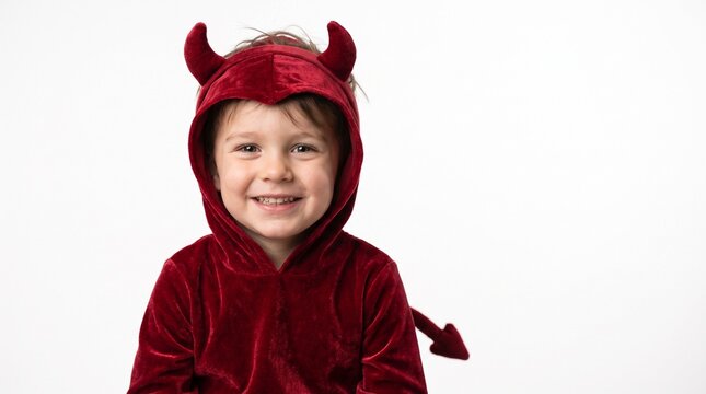 Studio portrait of a smiling boy in a red velvet devil costume with horns on a white background.