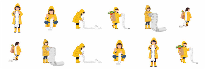 Set of vector illustrations featuring a little girl in a yellow raincoat holding a long grocery receipt, representing the high cost of living, inflation, and expensive shopping expenses.