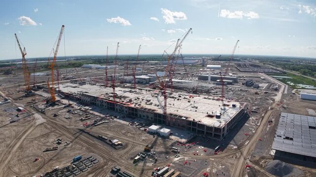 Wide aerial view of a major industrial construction project with tower cranes and building foundations