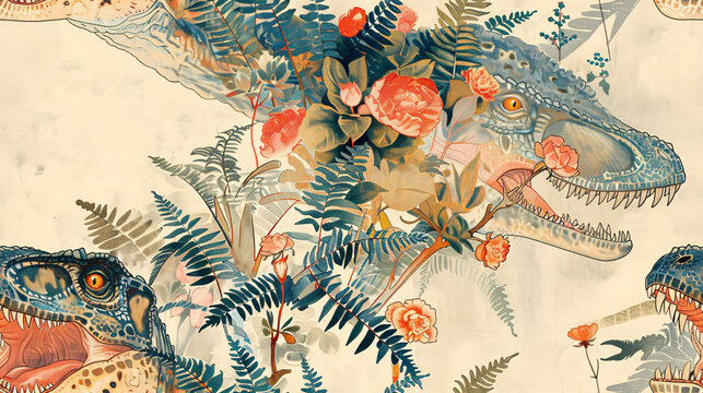 Vintage Illustration of Dinosaurs in a Floral Garden