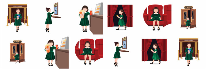 Little girl movie theater experience vector illustration set featuring box office, popcorn, and cinema seating.