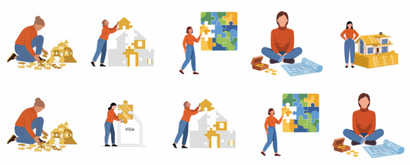 Fototapeta premium Set of illustrations featuring women assembling house puzzles and blueprints, representing real estate planning and problem-solving concepts