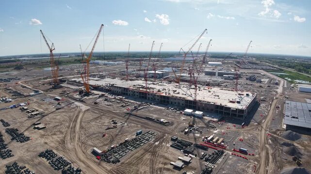 Expansive drone panorama of cranes and building foundations across a sprawling industrial construction zone