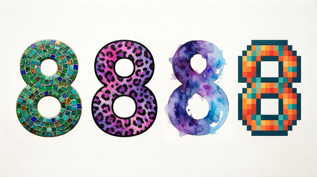 Colorful pixel art number eight in four different styles