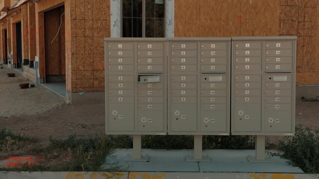 Slow right-to-left track past cluster mailboxes and unfinished homes.