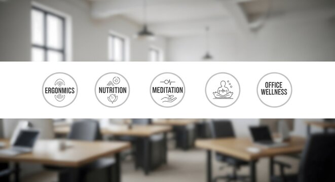 Workplace wellness banner with icons for office health and ergonomics