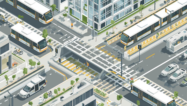 Isometric view of a modern city intersection with public transport, cars, and pedestrians, showcasing urban planning and infrastructure.