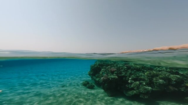 Coral reef life and seabed during daylight. Cinematic slow motion half underwater view