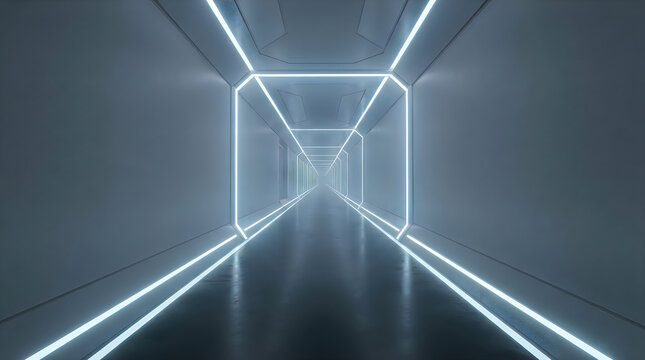 Long empty modern hallway with bright white lights and clean floor leading to distant rooms