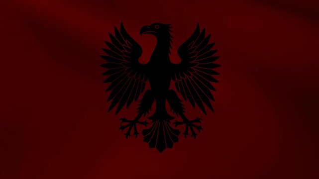 Albania Flag with Double Headed Eagle Waving in Dark Red Cinematic Scene