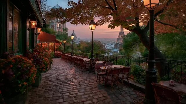 Paris, France, Europe. A vivid portrayal of an outdoor cafe terrace overlooking the Eiffel Tower at sunset. The scene is bathed in warm, golden light.