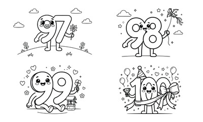 Fototapeta premium Cute cartoon numbers 97 to 100 coloring page