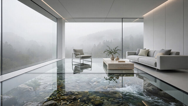 Futuristic living room with clear glass floor showing a flowing river underneath a foggy white landscape.
