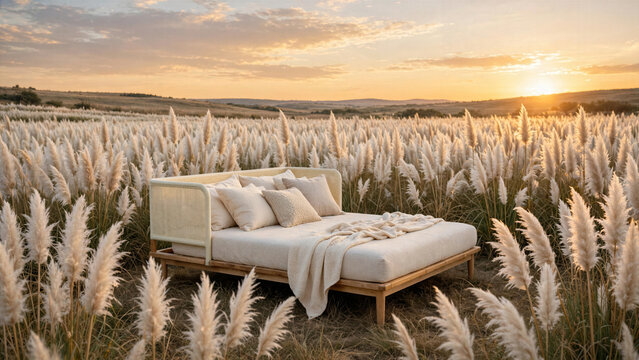 Modern cream daybed in a vast field of tall white pampas grass under a warm golden hour gradient sky. Cozy.