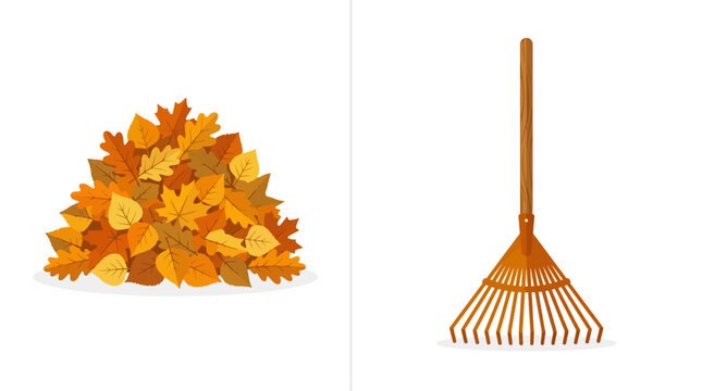 Autumn leaves pile and garden rake vector illustration set