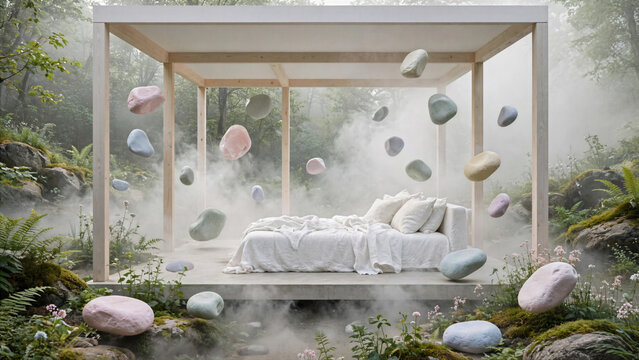 Open pavilion with a white daybed surrounded by gentle mist and floating pastel stone sculptures. Art.