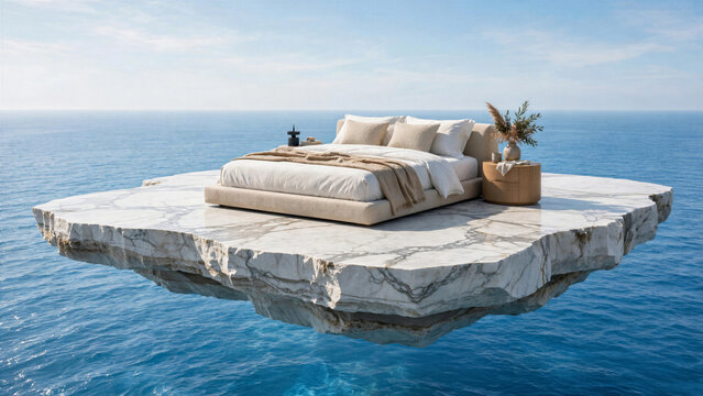 Modern bed placed on top of a giant floating marble slab over a pristine blue ocean under a clear sky.