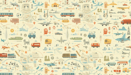 Fototapeta premium A whimsical and detailed illustration featuring a charming pattern of various modes of transportation and travel-related icons on a cream-colored background.
