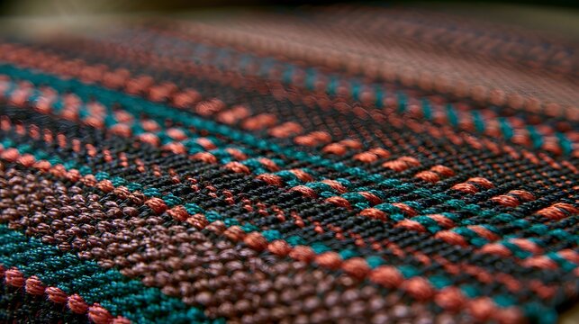 Close up of intricately woven textile featuring bold geometric patterns and rich earthy tones
