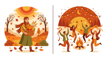 Naklejka premium Flat vector illustration set of autumn harvest and campfire celebration