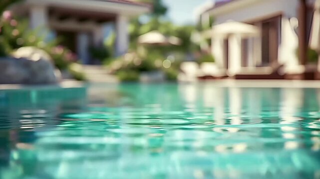 Summer hot vibe lifestyle. A vivid, closeup shot of a serene swimming pool with clear, turquoise water reflecting the surrounding environment. The waters surface is rippled.