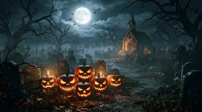 Spooky halloween graveyard at night