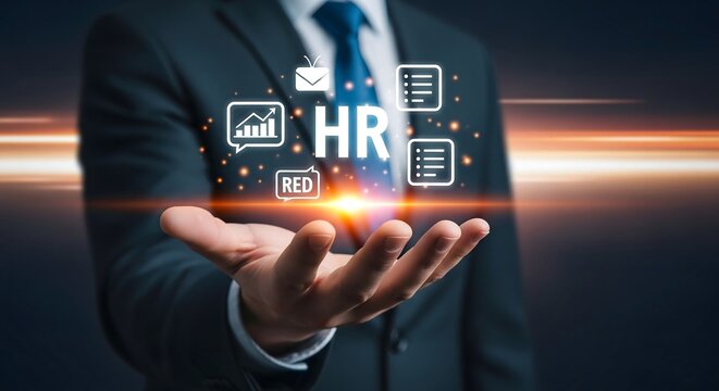 Professional businessman holding digital HR icon for human resources management