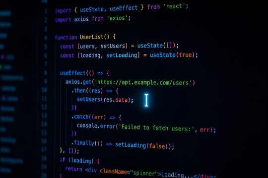 React JavaScript code editor screen showing API data fetching with Axios and React hooks on a dark background.