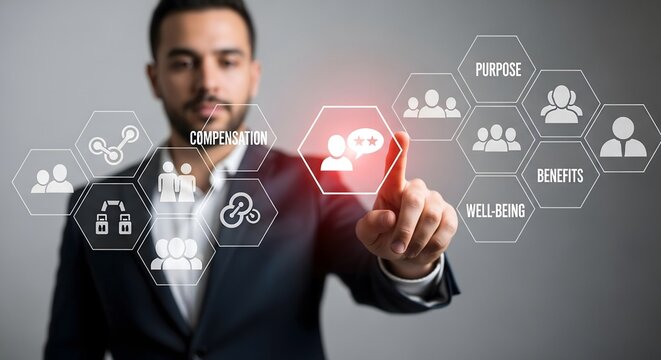 Professional businessman interacting with virtual human resources and compensation dashboard