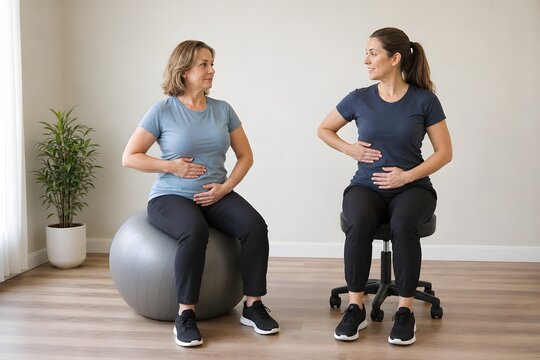 Middle Aged White Woman Doing Pelvic Floor Breathing Exercise on Stability Ball with Female Therapist at Clinic for Pelvic Health Rehabilitation