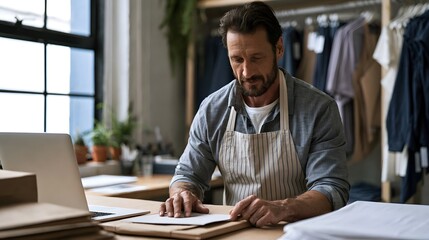 Fototapeta premium A man wearing an apron reviews documents at a wooden desk in a well lit retail space with clothing racks and potted plants