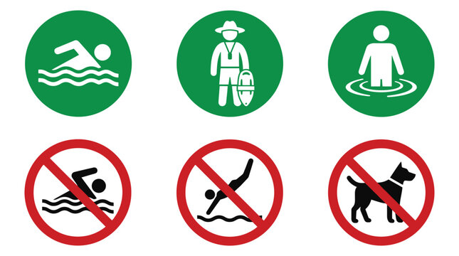 Water safety icon set with swimming, diving and dog-prohibited pool sign symbol design