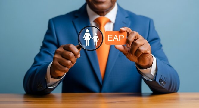 Professional businessman holding magnifying glass and employee assistance program card