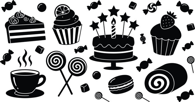 Sweet dessert birthday party treats silhouettes set confectionery cupcakes birthday cake macarons candy tea cup food icons vector