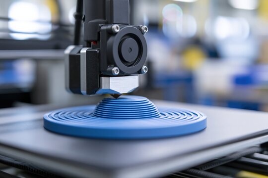 Close up of advanced 3D printer head creating a blue plastic dome prototype on a build platform