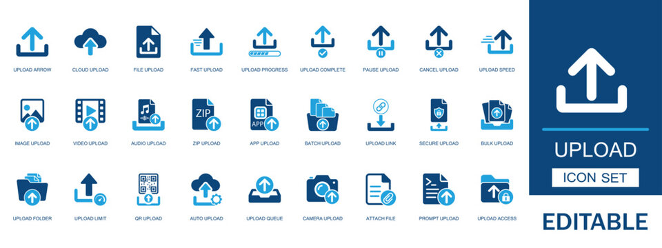 Upload icon set. Featuring cloud file progress uploading pause cancel speed image transfer uploading button app batch link secure bulk folder limit queue arrow up attach vector collection.