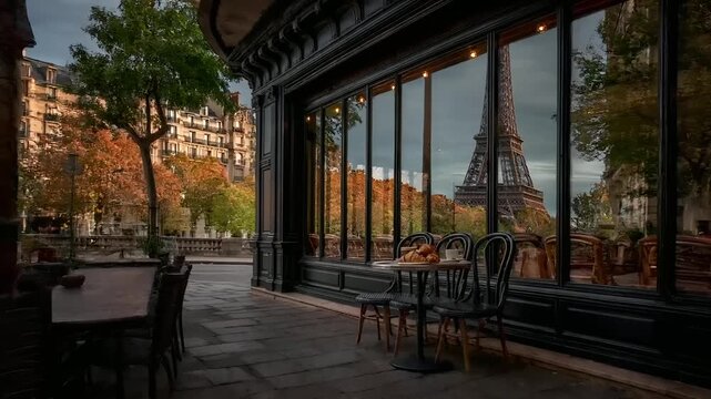 Paris, France, Europe. A detailed, atmospheric photograph of an outdoor cafe or restaurant with a panoramic view of the Eiffel Tower in Paris, France. The scene is bathed in warm.